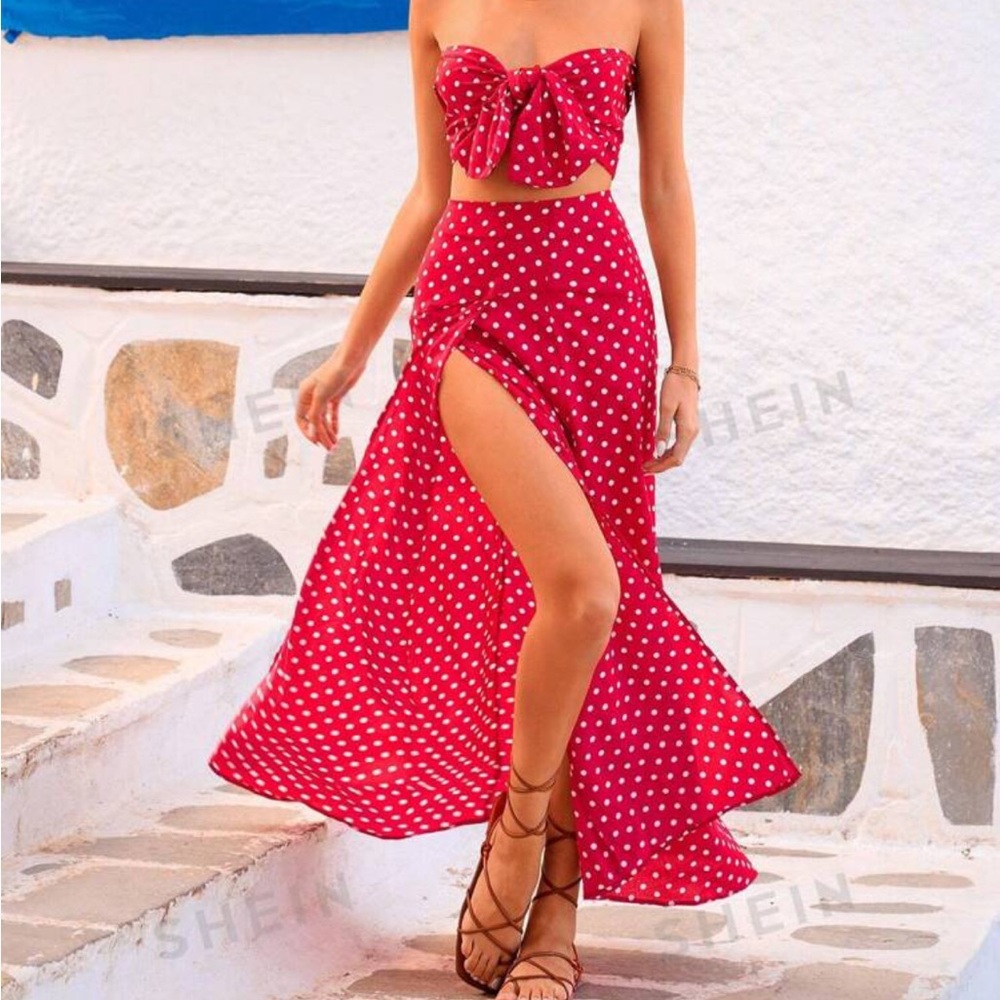 SHEIN Red and White Asymmetrical Strapless Dress